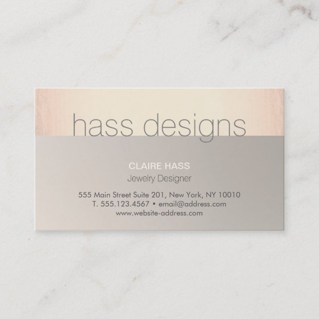Chic Modern Rose Gold and Taupe Designer Business Card (Front)