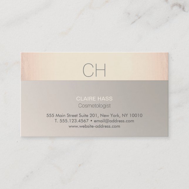 Chic Modern Rose Gold and Taupe Monogram Business Card (Front)