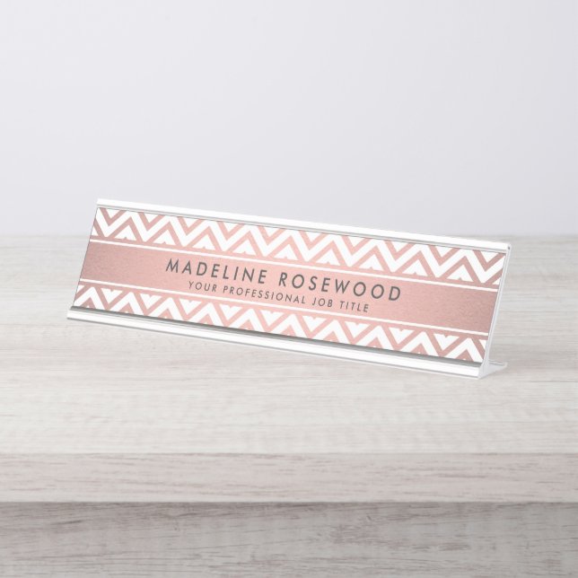 Chic Modern Rose Gold Chevron Monogrammed Desk Name Plate (Front)