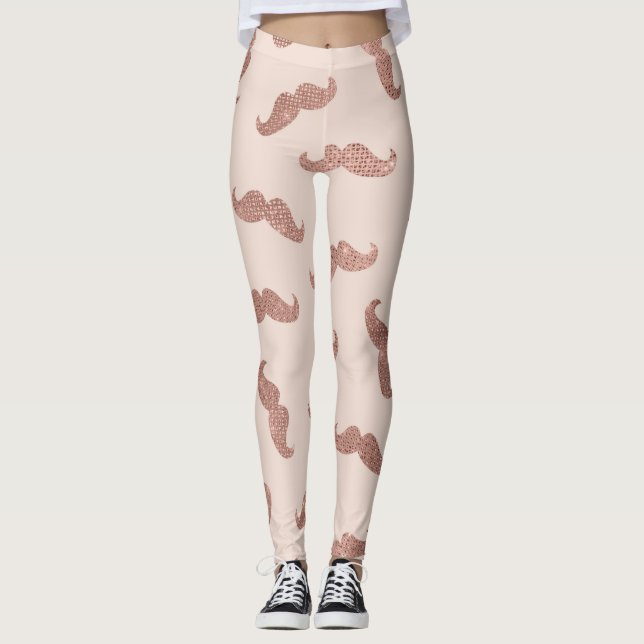 Chic Modern Rose Gold Pink Glitters Moustaches Leggings (Front)