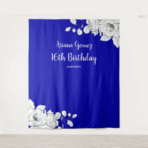 Chic Modern Royal Blue White Floral Backdrop Tapestry