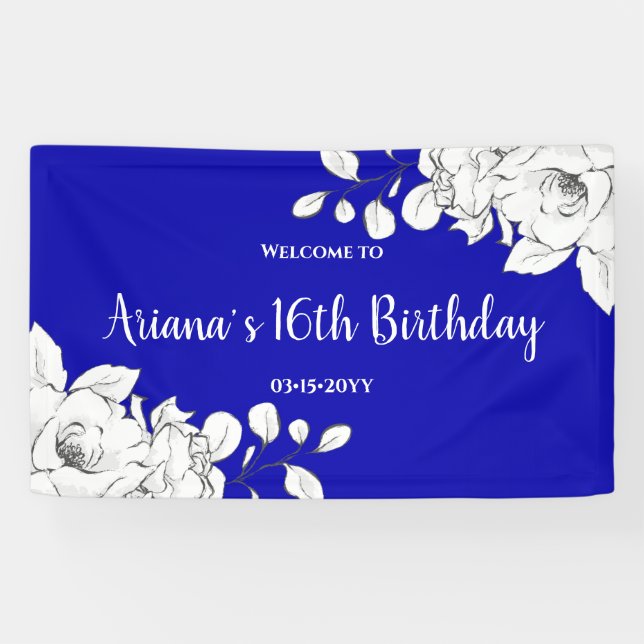 Chic Modern Royal Blue White Floral Birthday Banner (Horizontal)