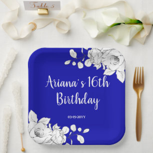 Chic Modern Royal Blue White Floral Birthday Party Paper Plate