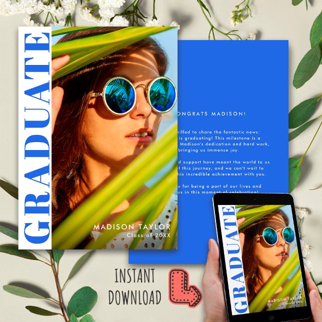 Chic Modern Royal Blue White Photo Graduation  Announcement (Creator Uploaded)