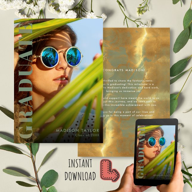 Chic Modern Sage Green and Gold Photo Graduation  Announcement (Creator Uploaded)