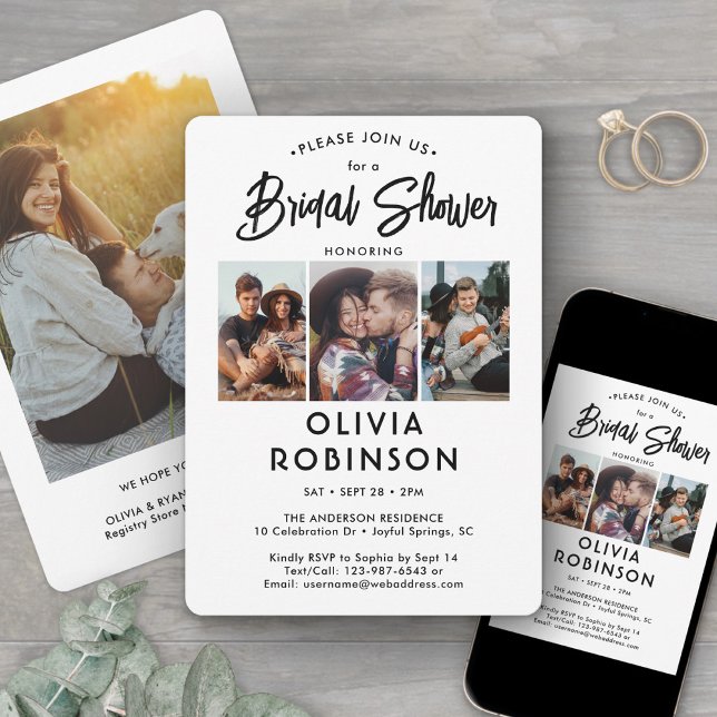 Chic Modern Script 4 Photo Minimal Bridal Shower Invitation (Creator Uploaded)
