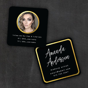 Chic Modern Script Black + Gold Photo Square Business Card