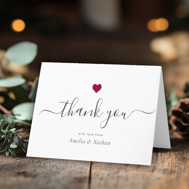 Chic Modern Script Calligraphy Burgundy Red Heart Thank You Card (Creator Uploaded)
