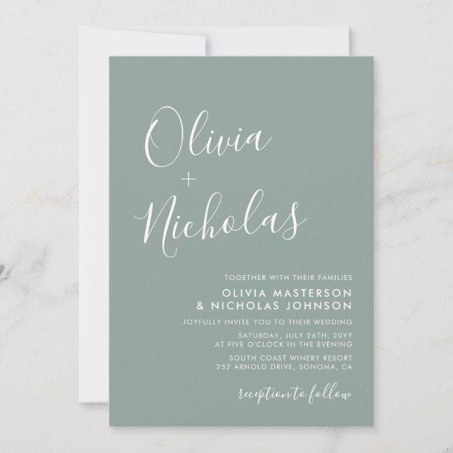 Chic Modern Script Monogram Sage Green Wedding Invitation (Front)