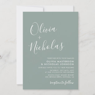 Chic Modern Script Monogram Sage Green Wedding Invitation