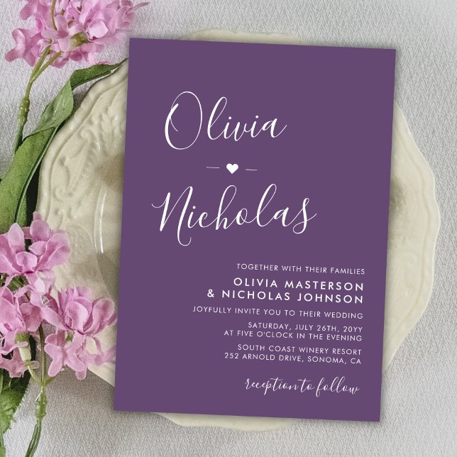 Chic Modern Script Purple Monogram Wedding Invitation (Creator Uploaded)