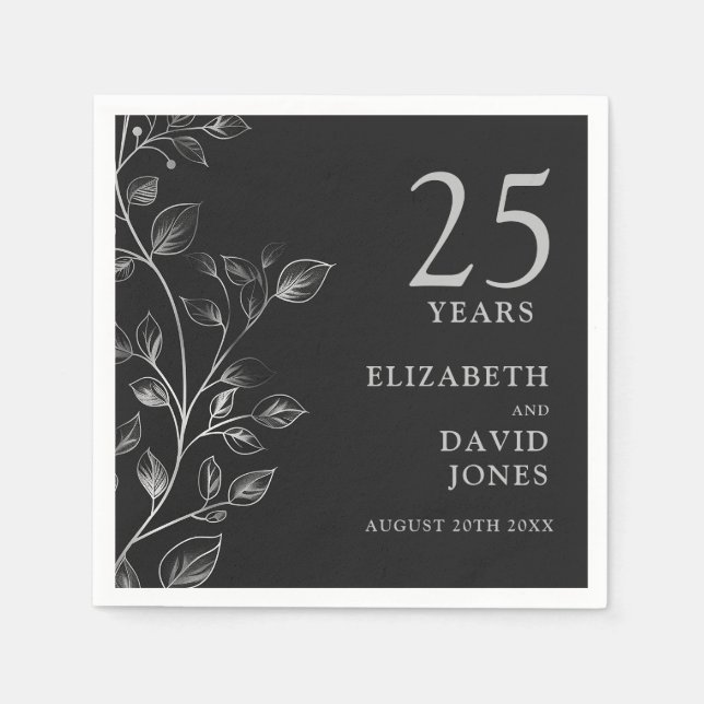 Chic Modern Silver Floral 25th Wedding Anniversary Napkin (Front)