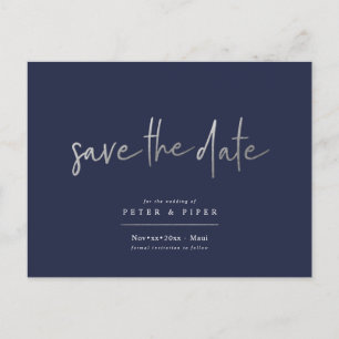Chic+Modern Silver Signature Script, Save the Date Postcard