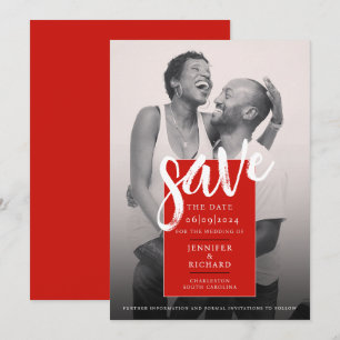 Chic Modern Simple Red And White Photo Wedding Save The Date