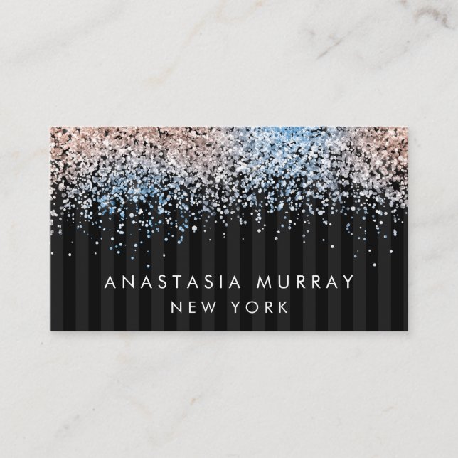 Chic Modern Striped Black and Grey Glitter Luxury Business Card (Front)
