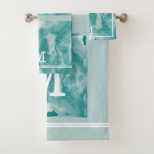 Chic Modern Teal And Dusty Blue Marble Monogrammed Bath Towel Set