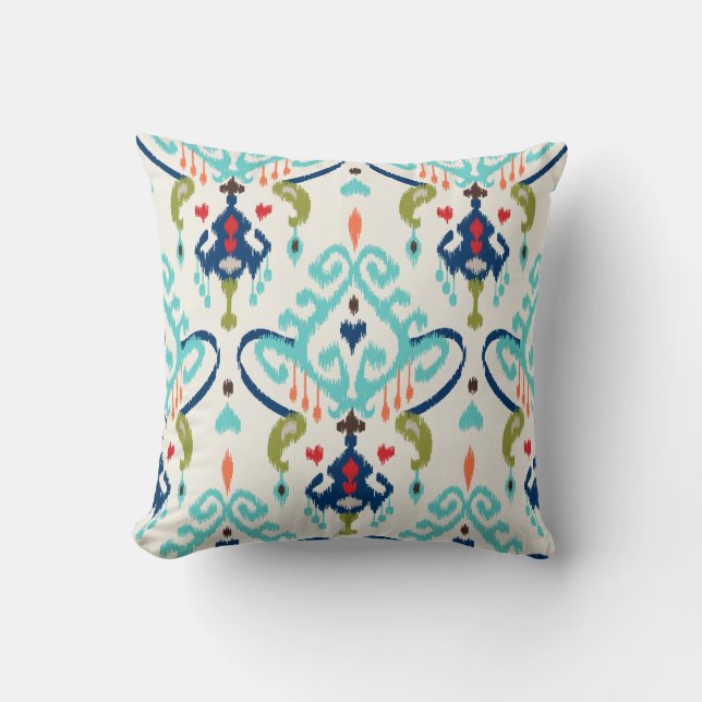 Chic modern teal navy blue ikat tribal pattern cushion (Front)