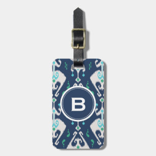 Chic modern teal navy blue ikat tribal pattern luggage tag