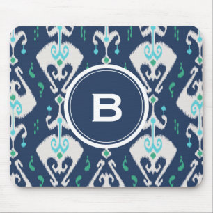 Chic modern teal navy blue ikat tribal pattern mouse mat