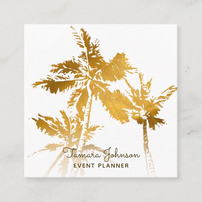 Chic Modern Tropical Gold Palm Trees Professional Square Business Card (Front)