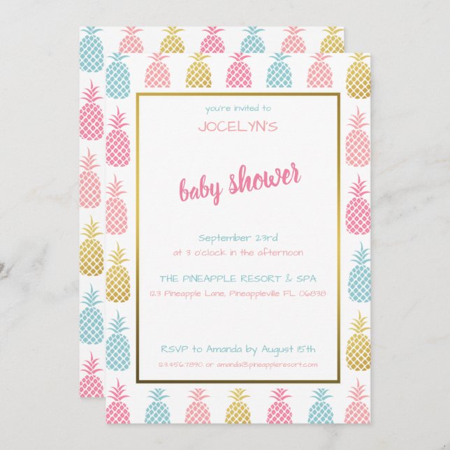 Chic Modern Tropical Pineapple Baby Shower Invitation (Front/Back)