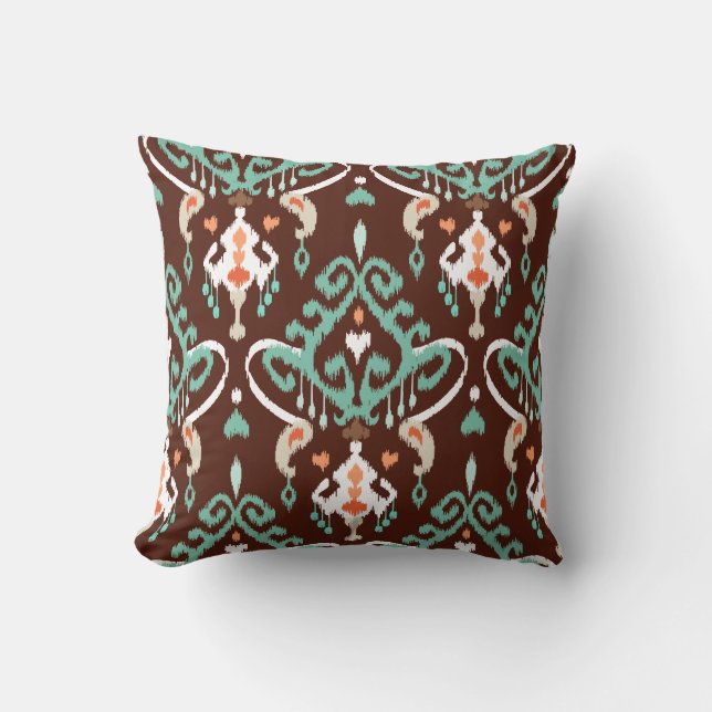Chic modern turquoise brown ikat tribal pattern cushion (Front)
