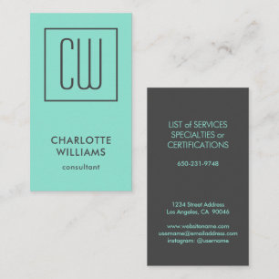 Chic Modern Turquoise Square Monogram Elegant Business Card