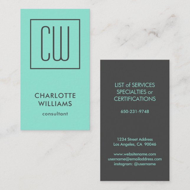 Chic Modern Turquoise Square Monogram Elegant Business Card (Front/Back)