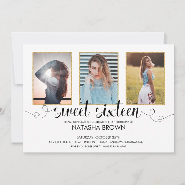Chic Modern Typography Sweet 16 Party Photo Invitation (Front)