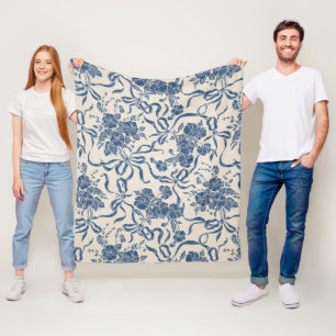 Chic Modern Vintage Ivory Navy Blue Floral Pattern Fleece Blanket