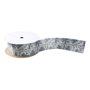Chic Modern Vintage Ivory Navy Blue Floral Pattern Satin Ribbon