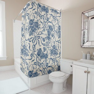 Chic Modern Vintage Ivory Navy Blue Floral Pattern Shower Curtain