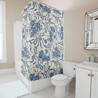 Chic Modern Vintage Ivory Navy Blue Floral Pattern Shower Curtain