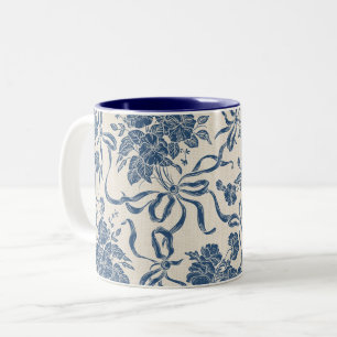 Chic Modern Vintage Ivory Navy Blue Floral Pattern Two-Tone Coffee Mug