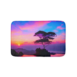 Chic Modern Vivid Pink Blue Yellow Gold Sunset Bath Mat