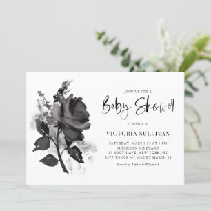 Chic Modern Watercolor Black Rose Baby Shower Invitation