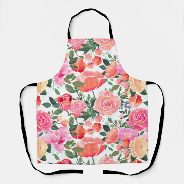 Chic Modern Watercolor Floral Pink Pattern Apron (Front)