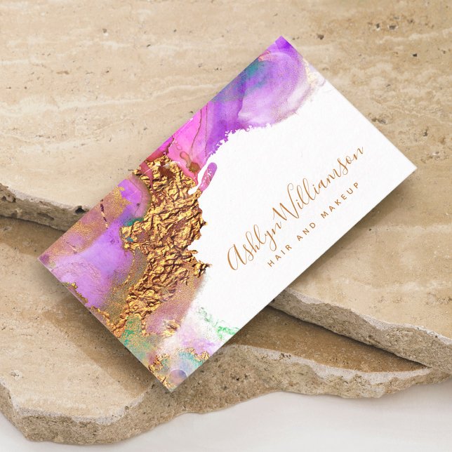 Chic, modern watercolor gold purple pink splatter business card (Creator Uploaded)