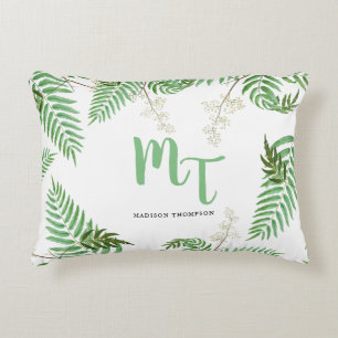 Chic Modern Watercolor Greenery Script Monogram  Decorative Cushion