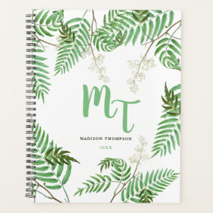 Chic Modern Watercolor Greenery Script Monogram  Planner