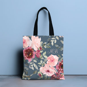 Chic Modern Watercolor Pink Burgundy Floral Name Tote Bag