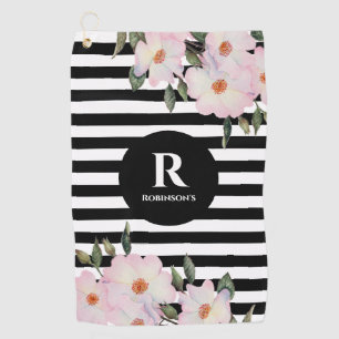 Chic Modern Watercolor Pink Roses Stripes Monogram Golf Towel
