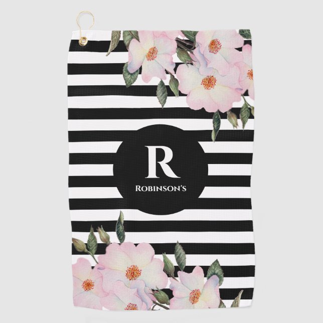 Chic Modern Watercolor Pink Roses Stripes Monogram Golf Towel (Front)
