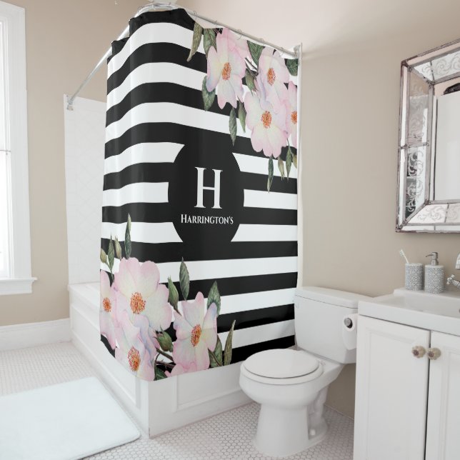 Chic Modern Watercolor Pink Roses Stripes Monogram Shower Curtain (In Situ)
