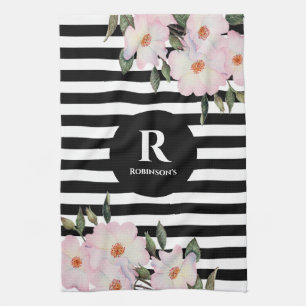 Chic Modern Watercolor Pink Roses Stripes Monogram Tea Towel