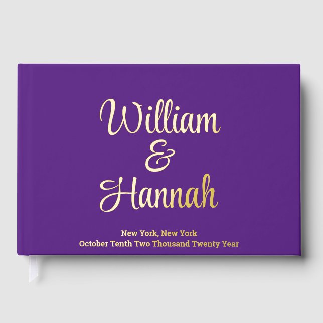 Chic Modern Wedding Purple w/ Gold Foil Hardcover Guest Book (Front)