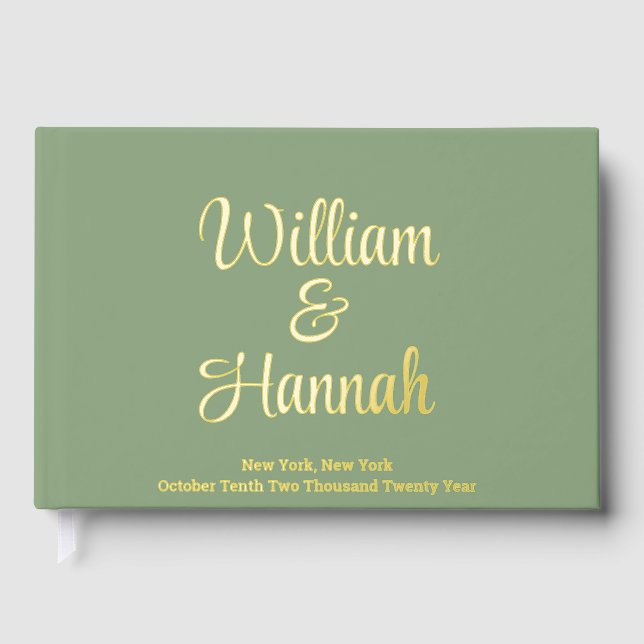 Chic Modern Wedding Sage Green Gold Foil Hardcover Guest Book (Front)