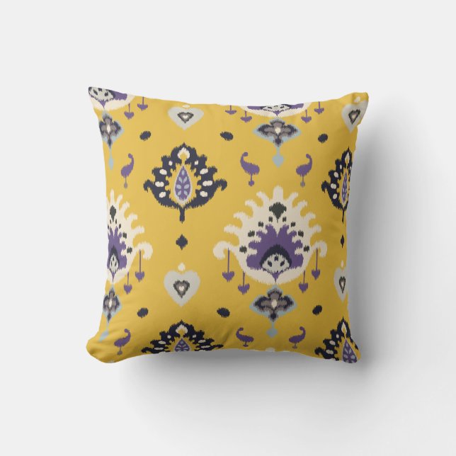 Chic modern yellow purple ikat tribal pattern cushion (Front)