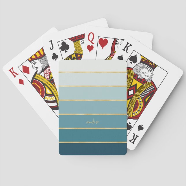 Chic Monochromatic Gradient Teal Gold Stripes Playing Cards (Back)