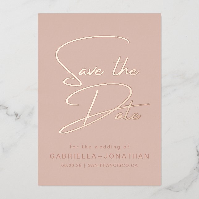 Chic Monochromatic Rose Gold Save The Date (Front)